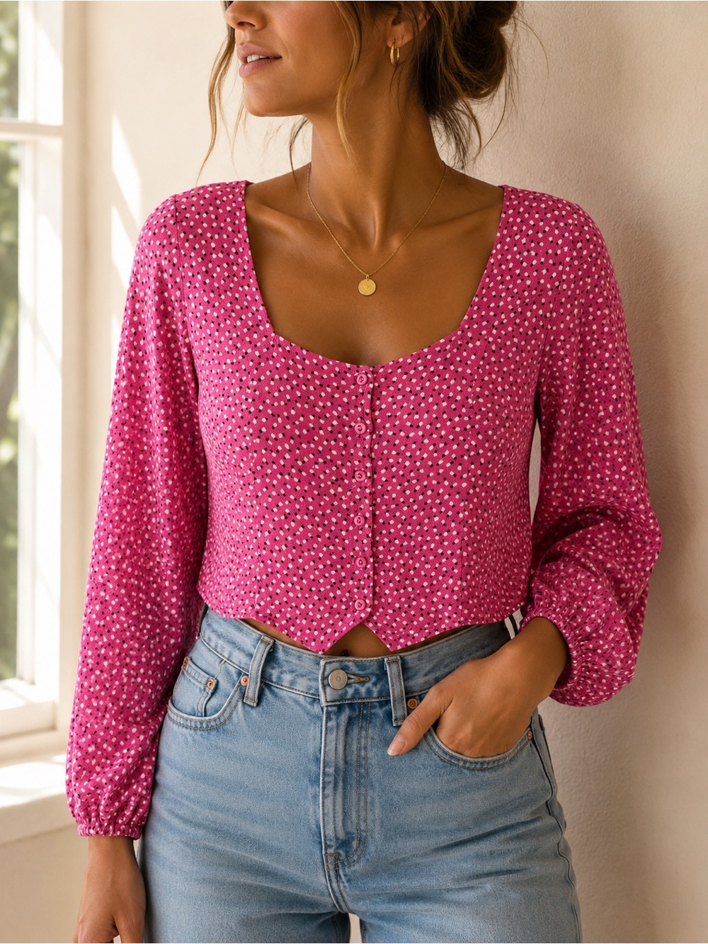 ROLLA'S Hot Pink Printed Scoop-Neck Button Front Blouse